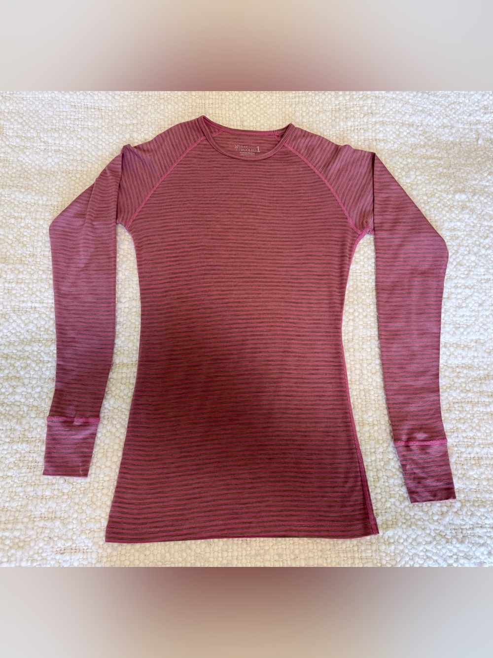 IBEX Crew Neck Melon/Green Stripe Top. Medium